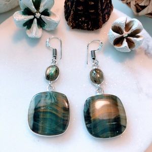 Yellow Lace Agate & Tiger Eye 925 Silver Earrings